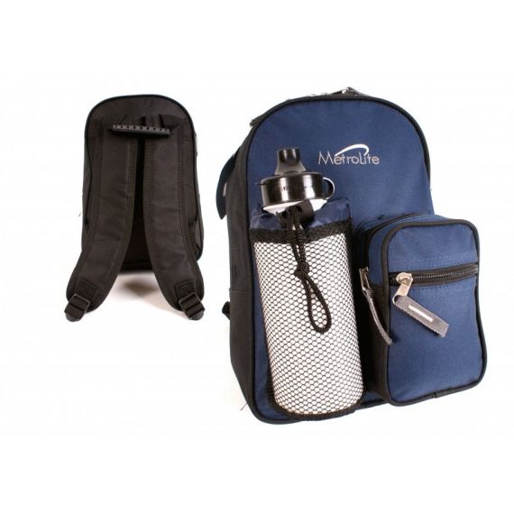 Black/navy backpack with water bottle