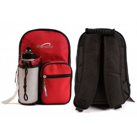 Red/black backpack with water bottle