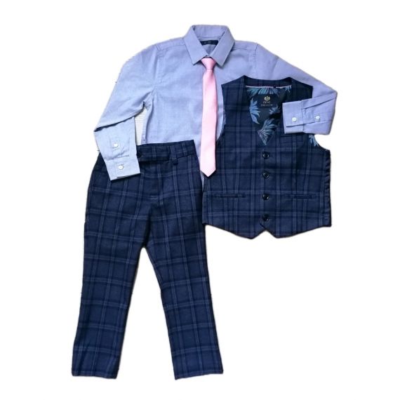 Boys 4 piece navy check suit 4-5y